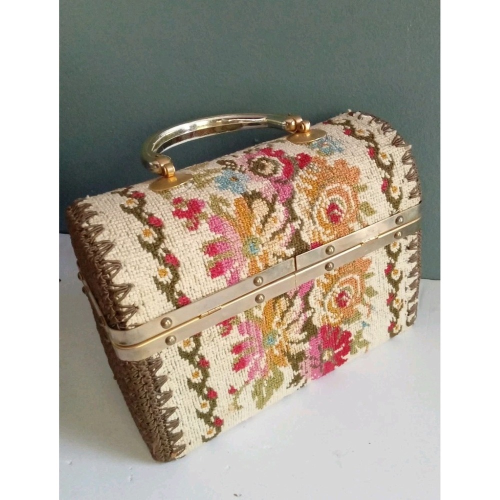 Vintage Floral Tapestry Box Handbag Purse Top Handle Unique Cottagecore Bag‎